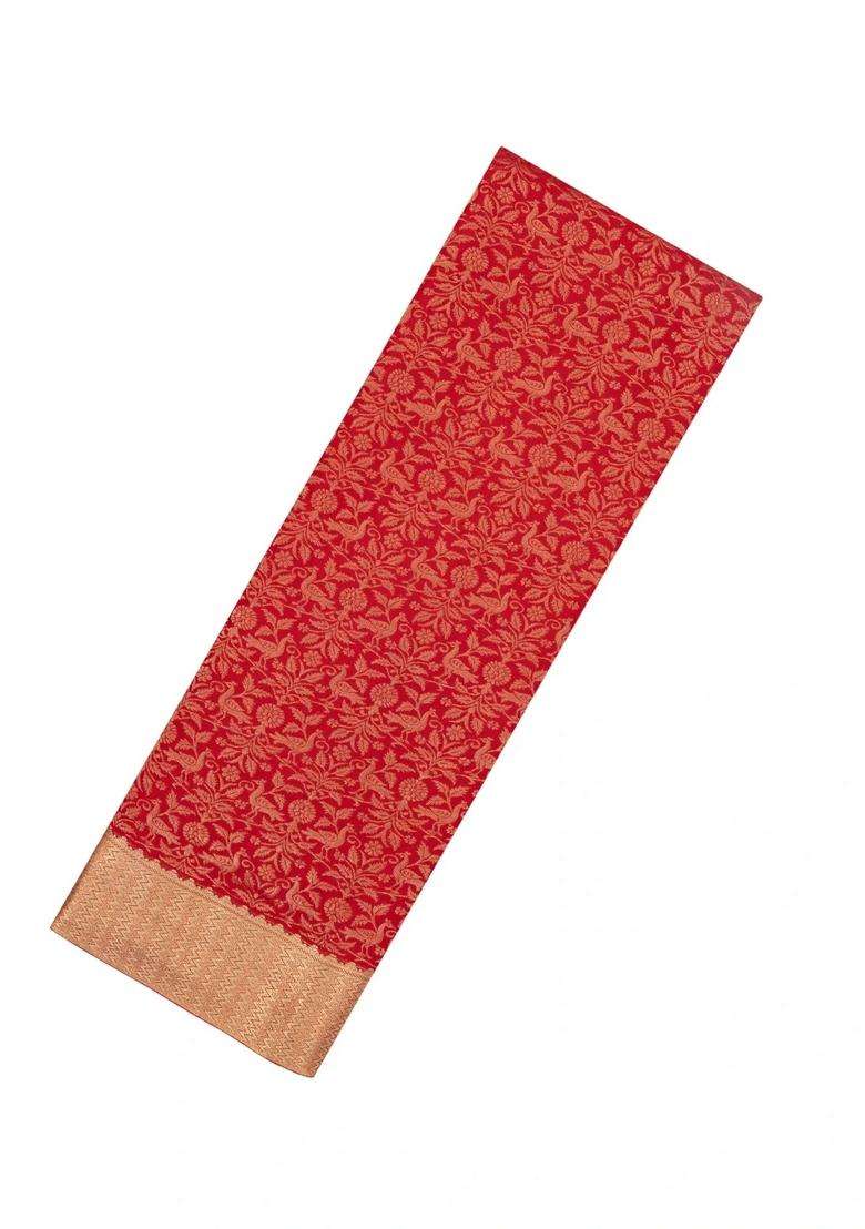 Red Woven Mysore Silk Crepe Saree With Bird Vine Motifs With Buttas And Brocade Design For Women - Indya