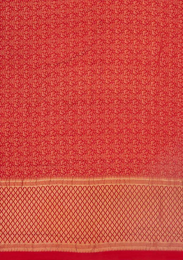 Red Woven Mysore Silk Crepe Saree With Bird Vine Motifs With Buttas And Brocade Design For Women - Indya