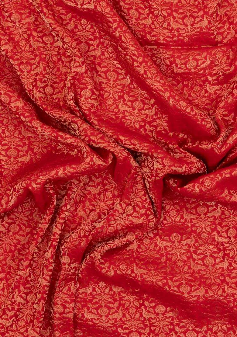 Red Woven Mysore Silk Crepe Saree With Bird Vine Motifs With Buttas And Brocade Design For Women - Indya