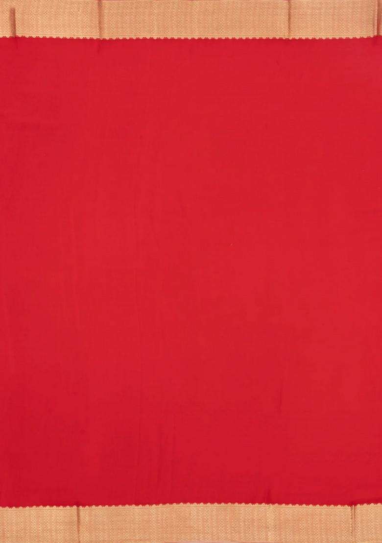 Red Woven Mysore Silk Crepe Saree With Bird Vine Motifs With Buttas And Brocade Design For Women - Indya