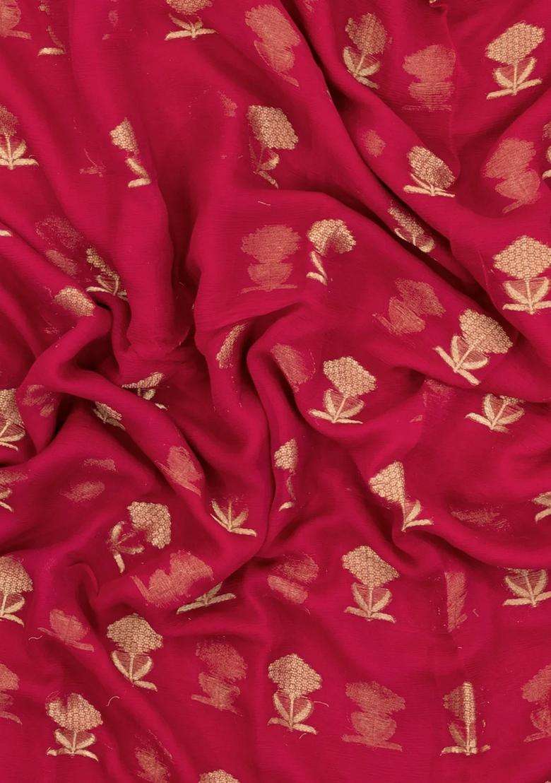 Peach Woven Mysore Silk Crepe Saree With Floral Motifs With Buttas And Brocade Design For Women - Indya