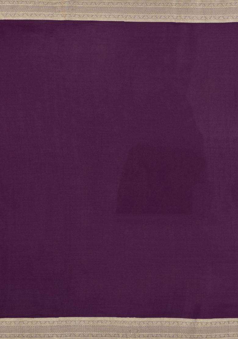 Dark Purple Woven Mysore Silk Crepe Saree With Floral Motifs With Buttas And Brocade Design For Women - Indya