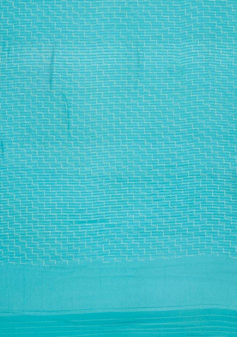 Turquoise Woven Mysore Silk Crepe Saree With Stirpes Stone Work With Checks And Stripes Design For Women - Indya