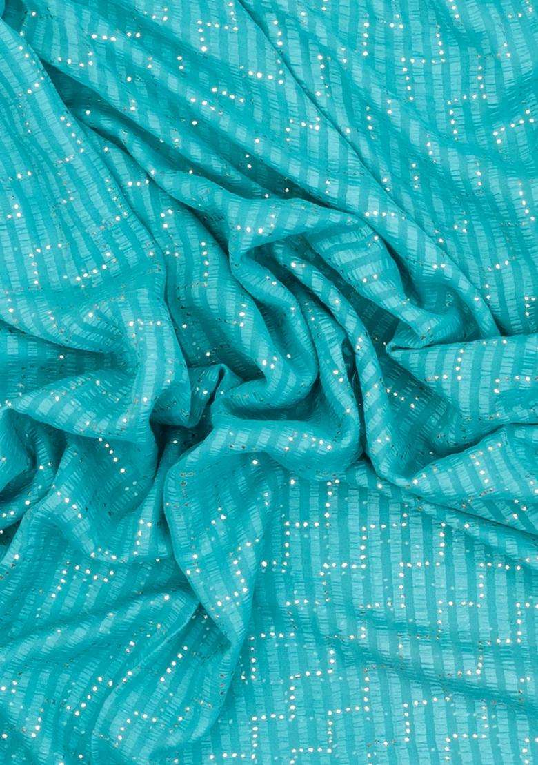 Turquoise Woven Mysore Silk Crepe Saree With Stirpes Stone Work With Checks And Stripes Design For Women - Indya