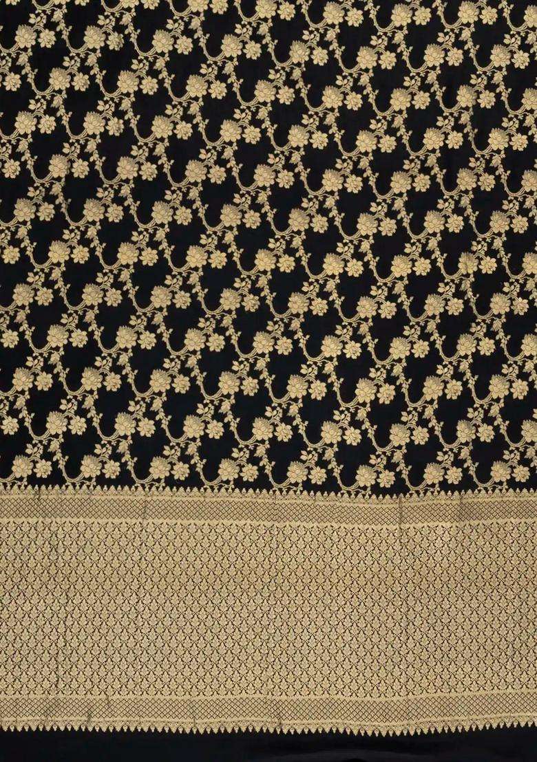Black Woven Mysore Silk Crepe Saree With Floral Vine Motifs With Buttas And Brocade Design For Women - Indya