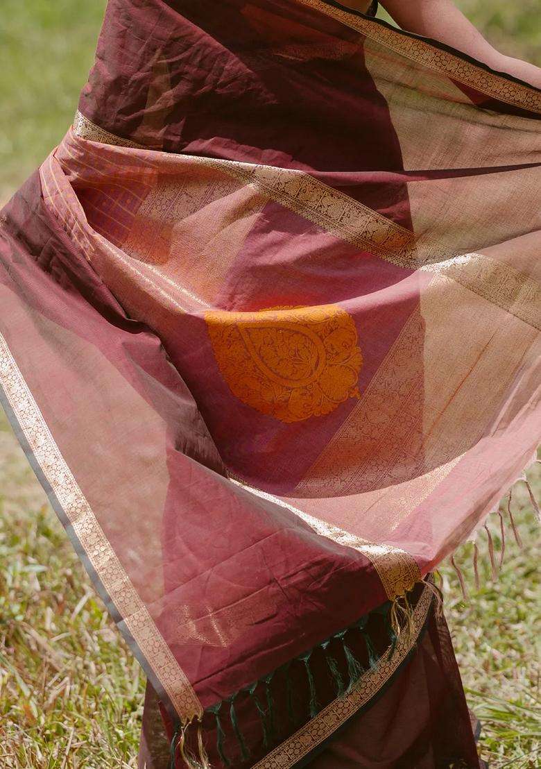 Peach Handloom Muppagam Kanchi Cotton Saree With Checks With Checks And Stripes Design For Women - Indya