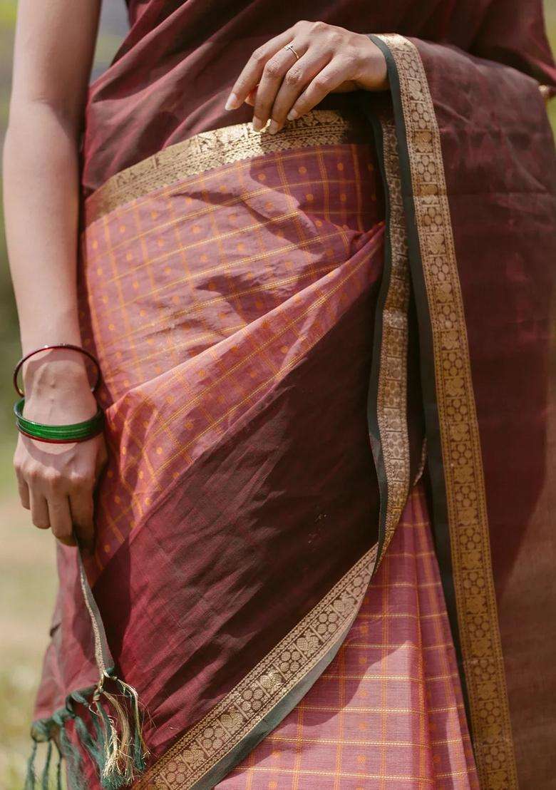Peach Handloom Muppagam Kanchi Cotton Saree With Checks With Checks And Stripes Design For Women - Indya