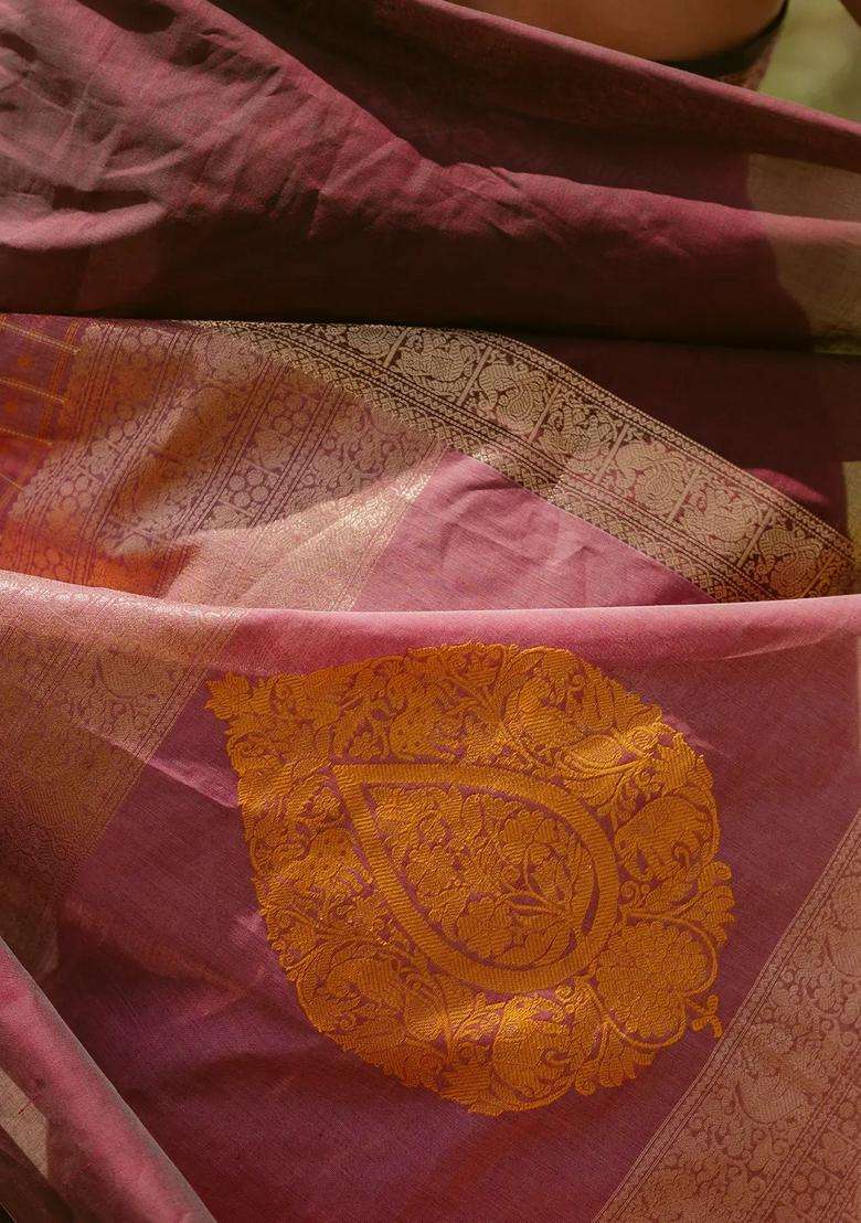 Peach Handloom Muppagam Kanchi Cotton Saree With Checks With Checks And Stripes Design For Women - Indya