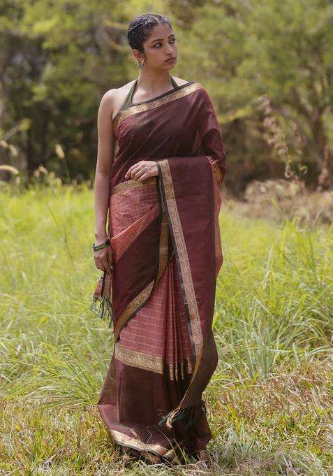 Peach Handloom Muppagam Kanchi Cotton Saree With Checks With Checks And Stripes Design For Women