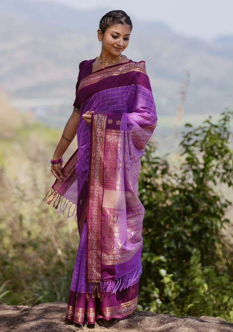 Lavander Lavender Handloom Kanchi Cotton Saree With Checks With Checks And Stripes Design For Women - Indya