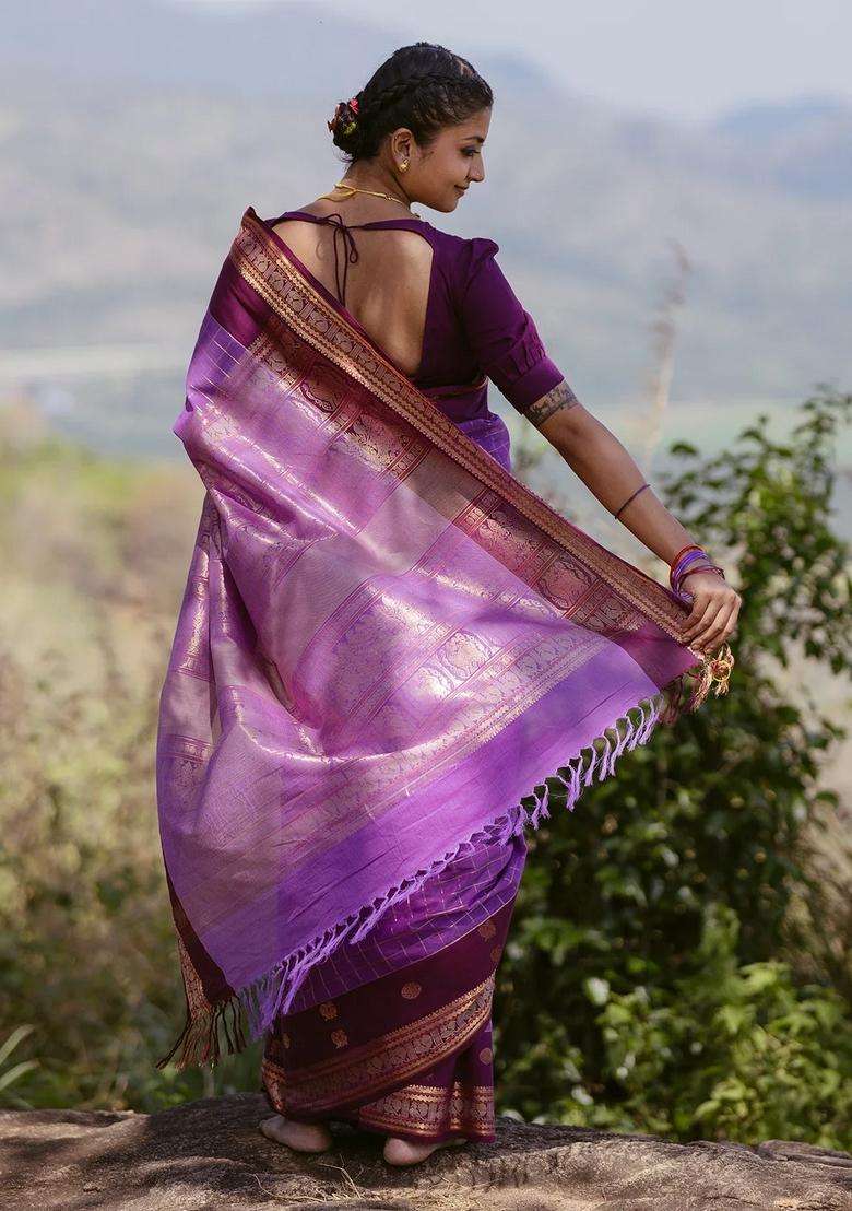 Lavander Lavender Handloom Kanchi Cotton Saree With Checks With Checks And Stripes Design For Women - Indya