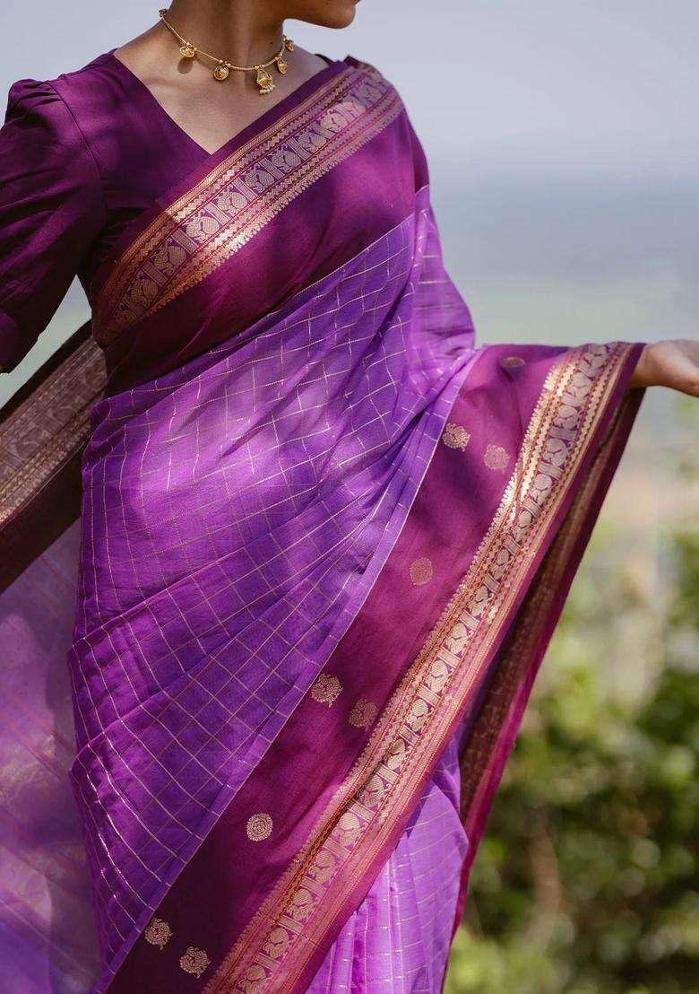 Lavander Lavender Handloom Kanchi Cotton Saree With Checks With Checks And Stripes Design For Women - Indya