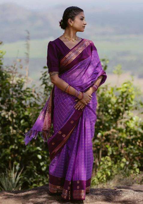 Lavander Lavender Handloom Kanchi Cotton Saree With Checks With Checks And Stripes Design For Women