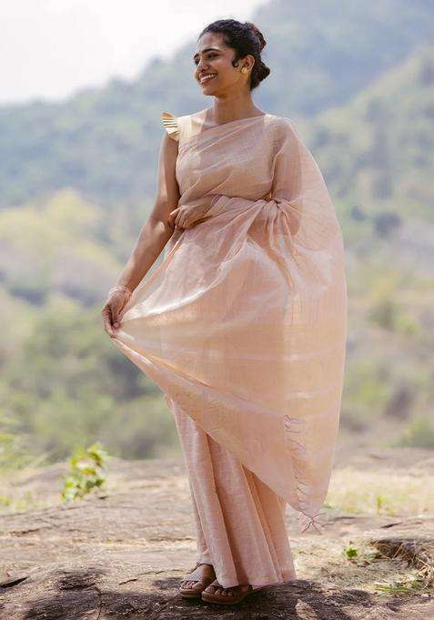 Light Peach Handloom Kanchi Cotton Saree With Checks With Checks And Stripes Design For Women