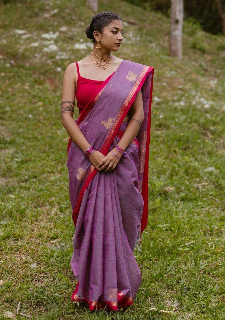 Lilac Handloom Kanchi Cotton Saree With Buttas Contrast Border With Buttas And Brocade Design For Women - Indya