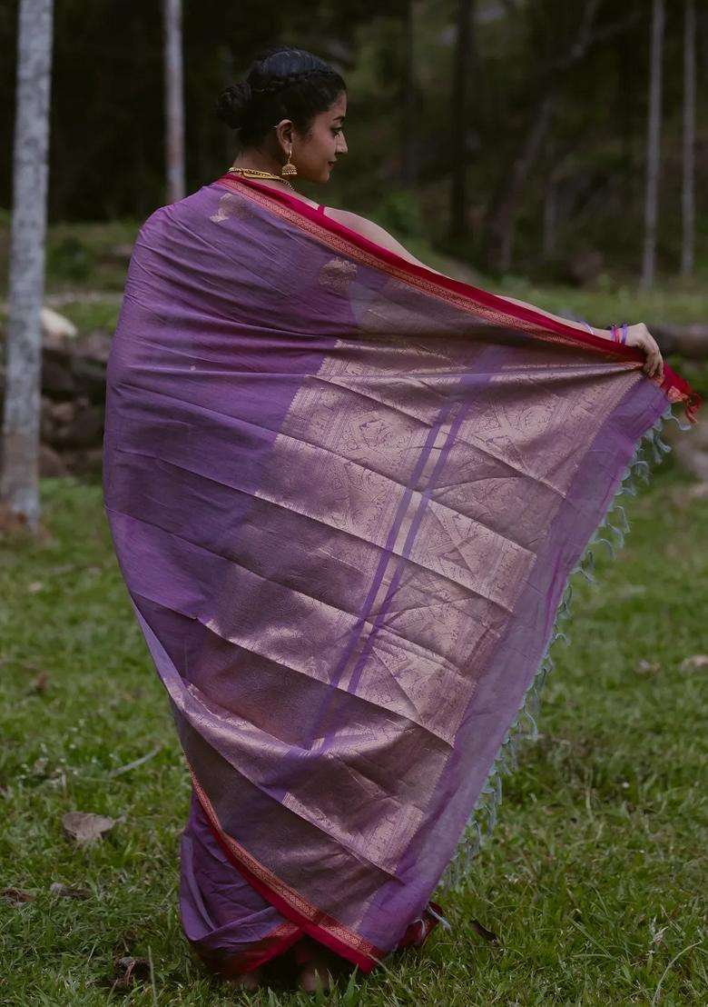 Lilac Handloom Kanchi Cotton Saree With Buttas Contrast Border With Buttas And Brocade Design For Women - Indya