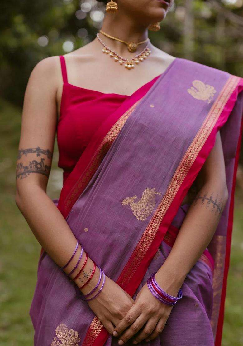 Lilac Handloom Kanchi Cotton Saree With Buttas Contrast Border With Buttas And Brocade Design For Women - Indya