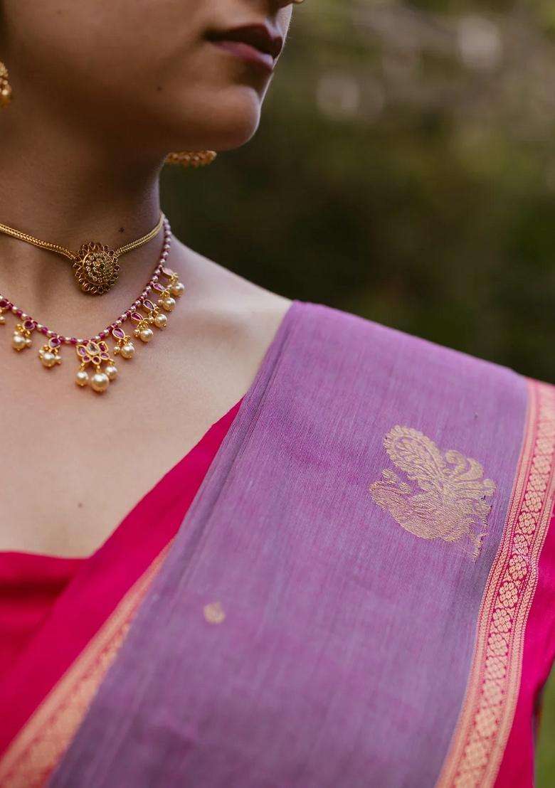 Lilac Handloom Kanchi Cotton Saree With Buttas Contrast Border With Buttas And Brocade Design For Women - Indya