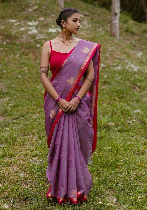 Lilac Handloom Kanchi Cotton Saree With Buttas Contrast Border With Buttas And Brocade Design For Women