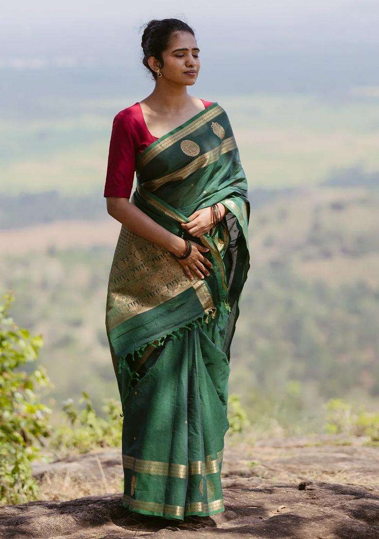 Dark Green Handloom Kanchi Cotton Saree With Buttas Zari Border With Buttas And Brocade Design For Women - Indya