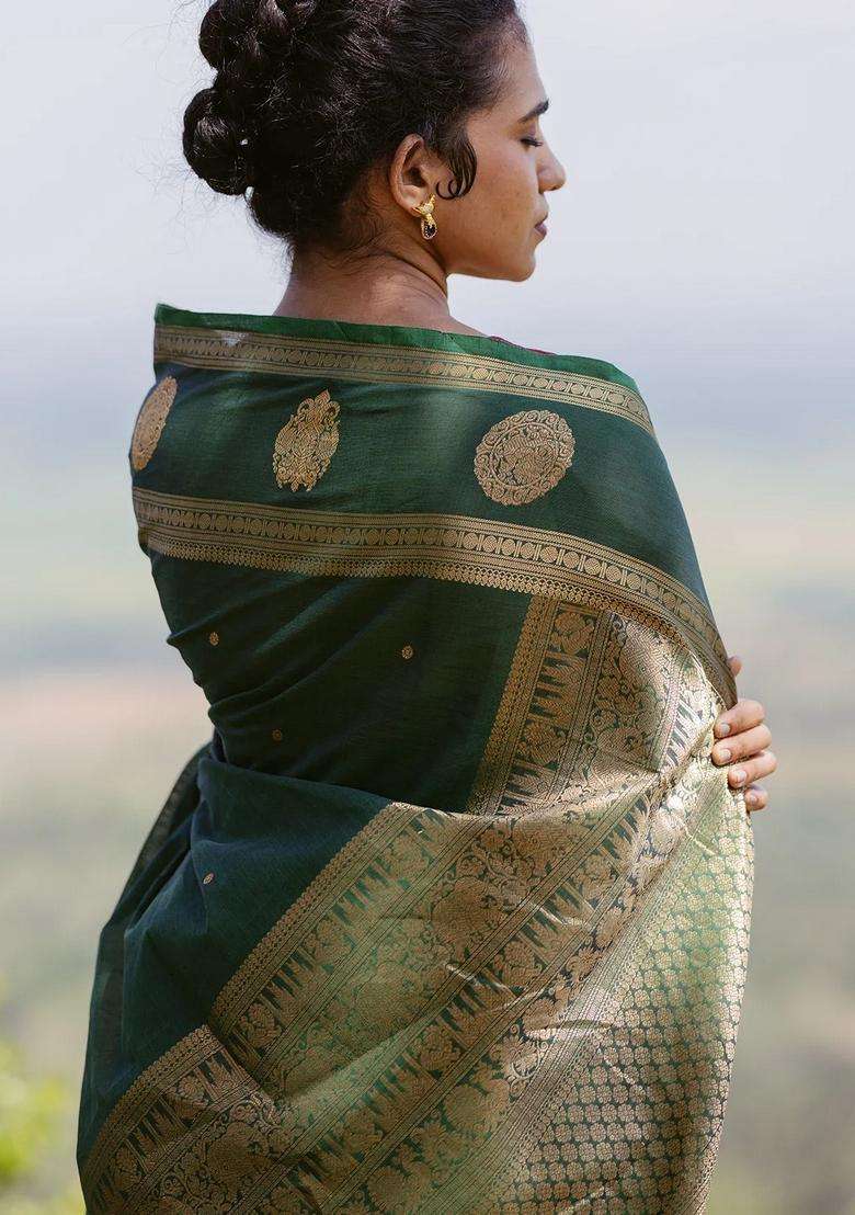 Dark Green Handloom Kanchi Cotton Saree With Buttas Zari Border With Buttas And Brocade Design For Women - Indya