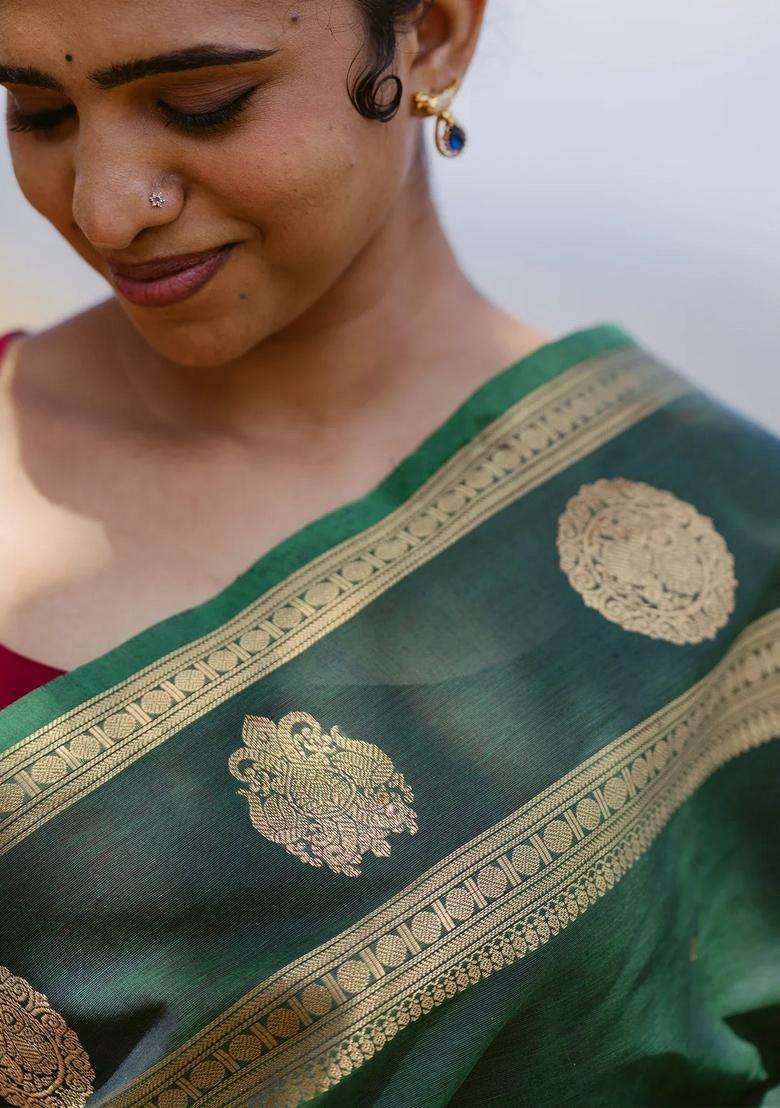 Dark Green Handloom Kanchi Cotton Saree With Buttas Zari Border With Buttas And Brocade Design For Women - Indya