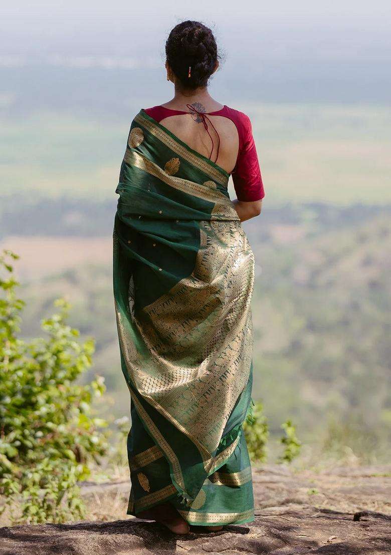 Dark Green Handloom Kanchi Cotton Saree With Buttas Zari Border With Buttas And Brocade Design For Women - Indya