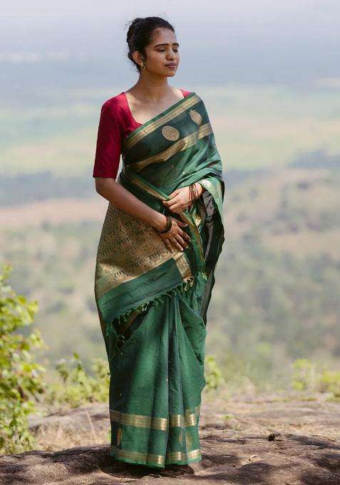 Dark Green Handloom Kanchi Cotton Saree With Buttas Zari Border With Buttas And Brocade Design For Women