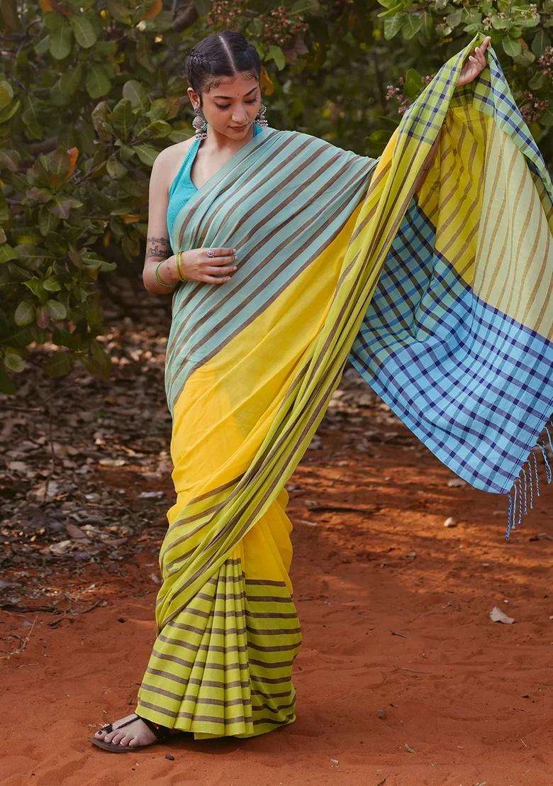 Yellow Handloom Bengal Cotton Saree With Stripes Border With Checks And Stripes Design For Women - Indya
