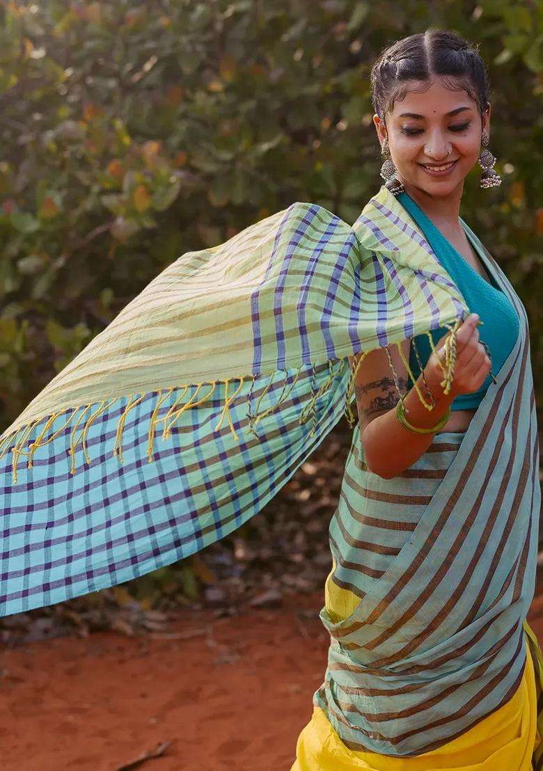 Yellow Handloom Bengal Cotton Saree With Stripes Border With Checks And Stripes Design For Women - Indya