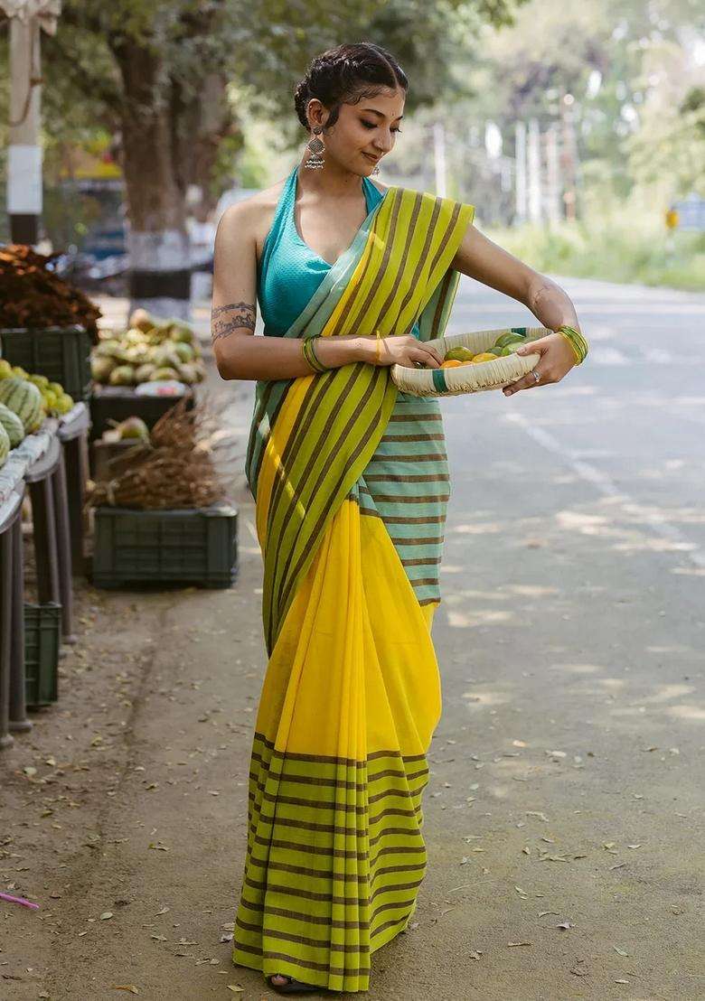 Yellow Handloom Bengal Cotton Saree With Stripes Border With Checks And Stripes Design For Women - Indya