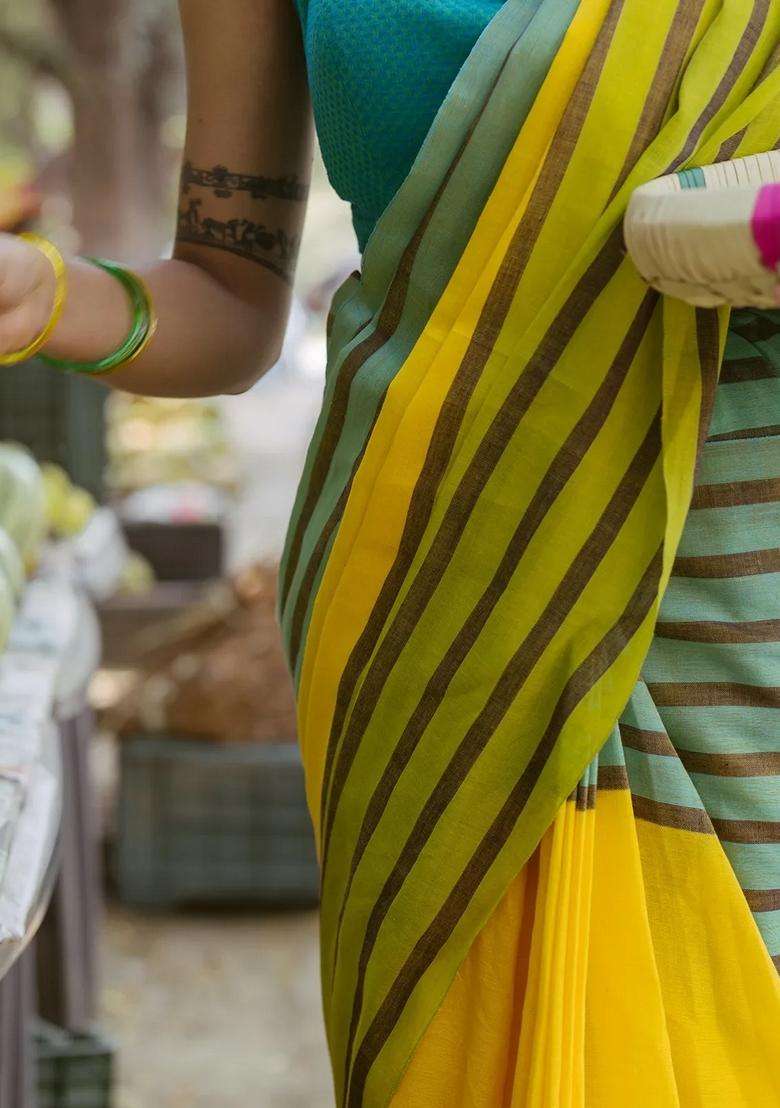 Yellow Handloom Bengal Cotton Saree With Stripes Border With Checks And Stripes Design For Women - Indya