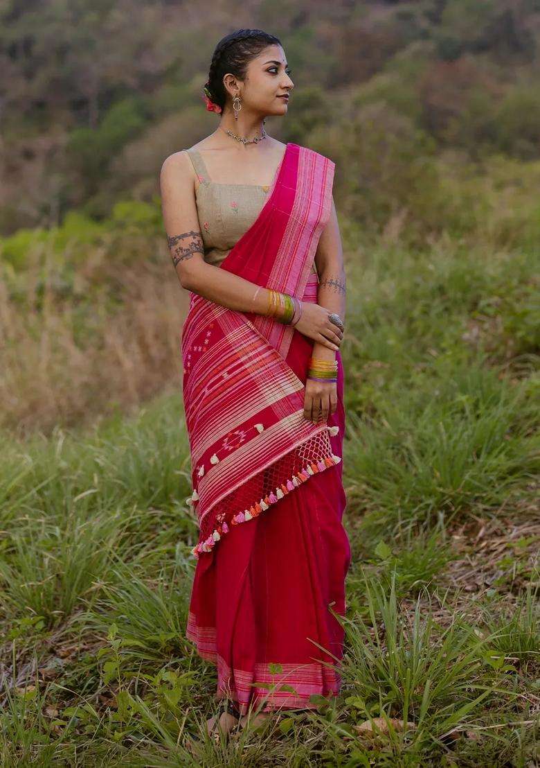 Crimson Pink Handloom Bhujodi Cotton Saree With Stripes With Checks And Stripes Design For Women - Indya