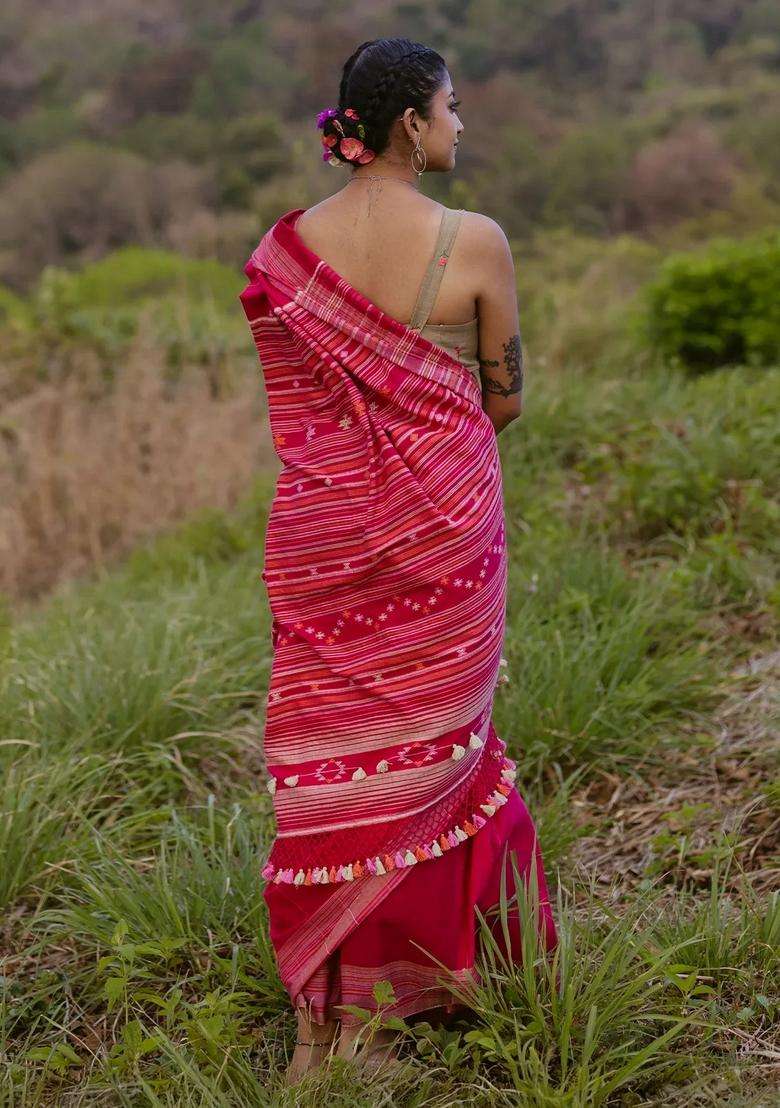 Crimson Pink Handloom Bhujodi Cotton Saree With Stripes With Checks And Stripes Design For Women - Indya
