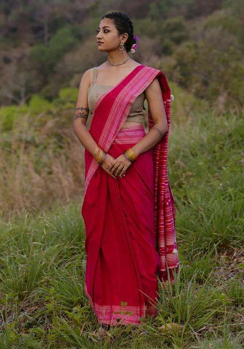 Crimson Pink Handloom Bhujodi Cotton Saree With Stripes With Checks And Stripes Design For Women