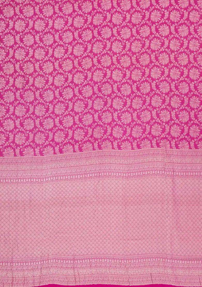 Bubblegum Pink Woven Mysore Silk Crepe Saree With Floral Vine Motifs With Buttas And Brocade Design For Women - Indya