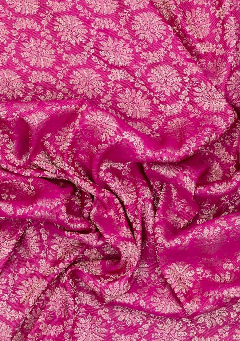 Bubblegum Pink Woven Mysore Silk Crepe Saree With Floral Vine Motifs With Buttas And Brocade Design For Women - Indya