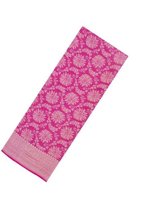 Bubblegum Pink Woven Mysore Silk Crepe Saree With Floral Vine Motifs With Buttas And Brocade Design For Women