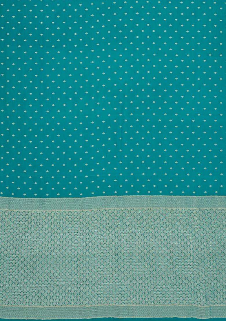 Cyan Woven Mysore Silk Crepe Saree With Floral Motifs With Buttas And Brocade Design For Women - Indya