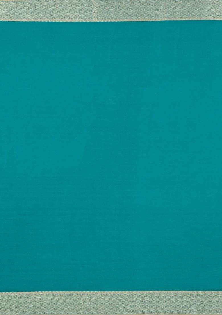 Cyan Woven Mysore Silk Crepe Saree With Floral Motifs With Buttas And Brocade Design For Women - Indya