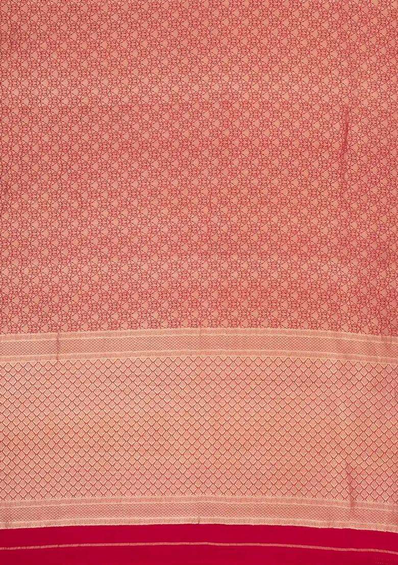 Red Woven Mysore Silk Crepe Saree With Floral Vine Motifs With Buttas And Brocade Design For Women - Indya