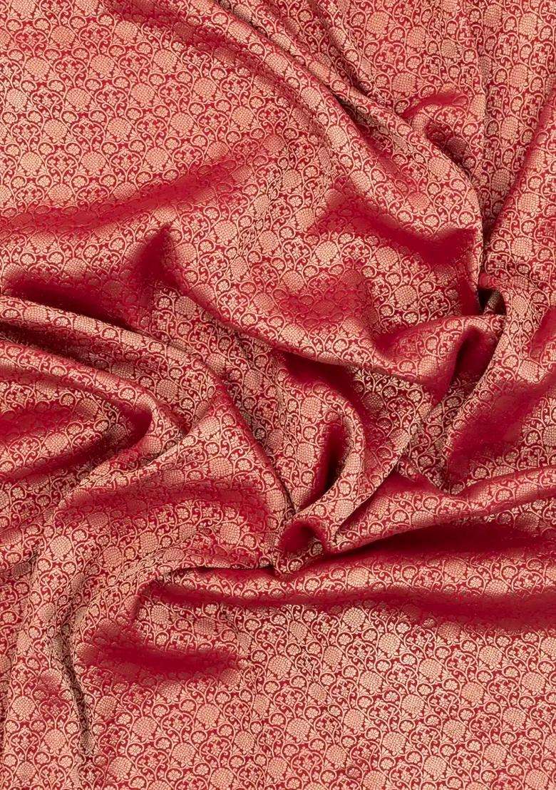 Red Woven Mysore Silk Crepe Saree With Floral Vine Motifs With Buttas And Brocade Design For Women - Indya