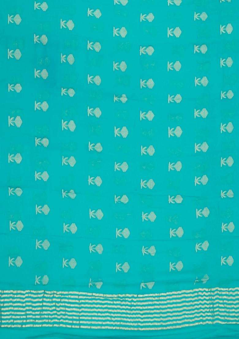 Turquoise Woven Mysore Silk Crepe Saree With Floral Buttas With Buttas And Brocade Design For Women - Indya