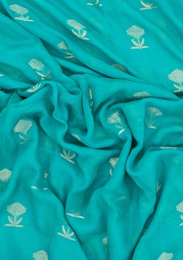 Turquoise Woven Mysore Silk Crepe Saree With Floral Buttas With Buttas And Brocade Design For Women - Indya
