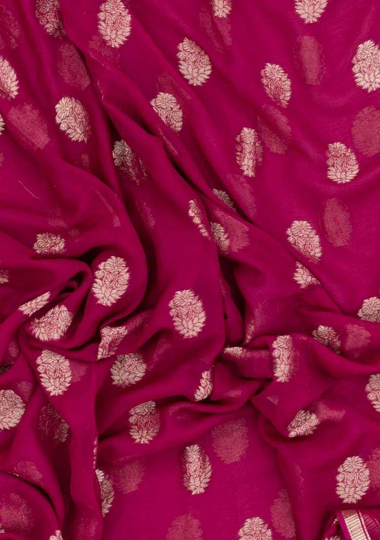 Pink Woven Mysore Silk Crepe Saree With Floral Buttas With Buttas And Brocade Design For Women - Indya