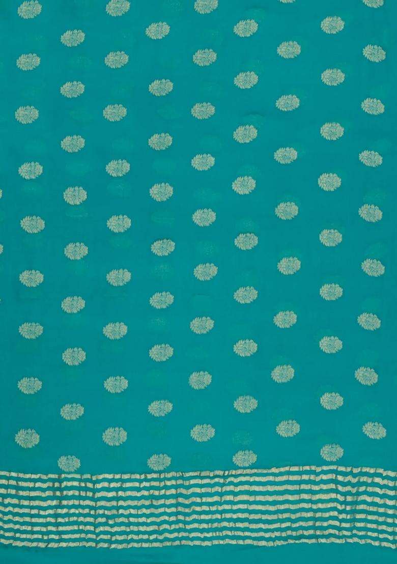 Cyan Woven Mysore Silk Crepe Saree With Floral Buttas With Buttas And Brocade Design For Women - Indya