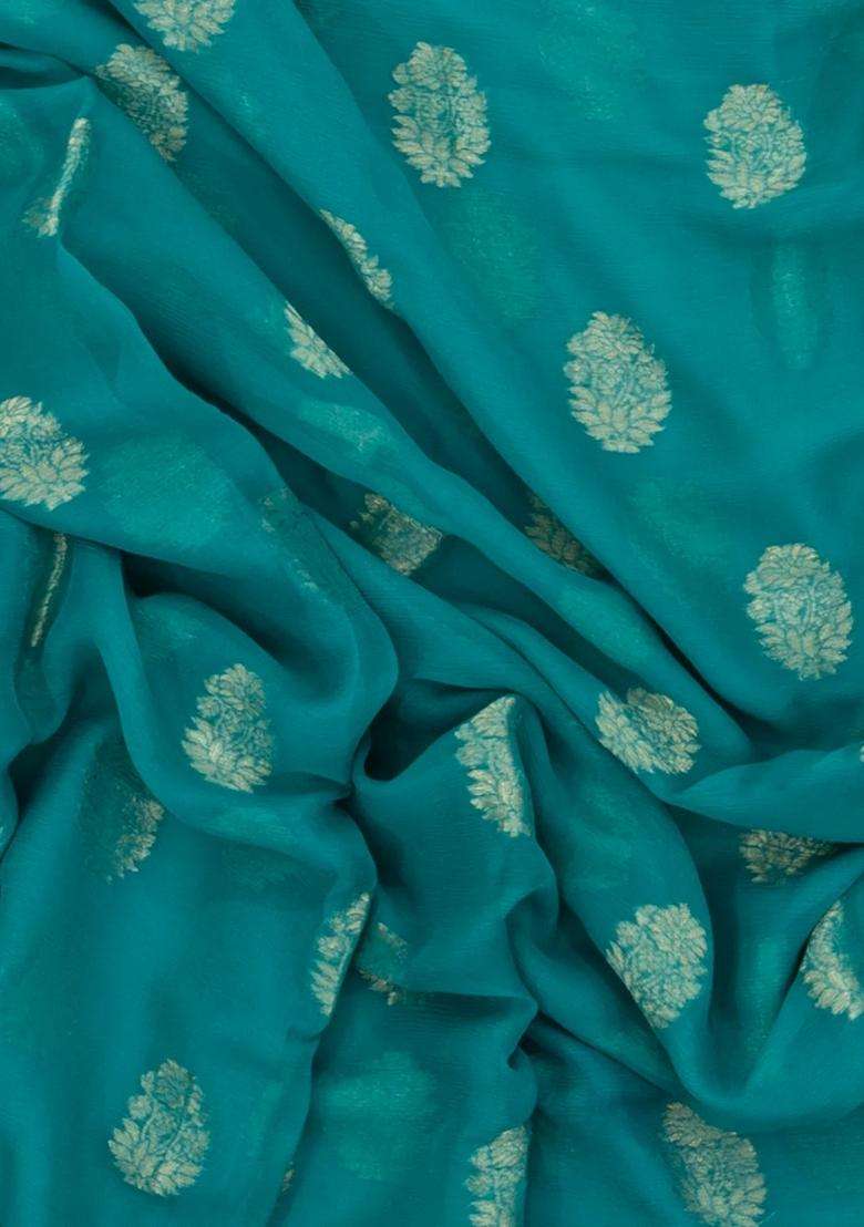 Cyan Woven Mysore Silk Crepe Saree With Floral Buttas With Buttas And Brocade Design For Women - Indya