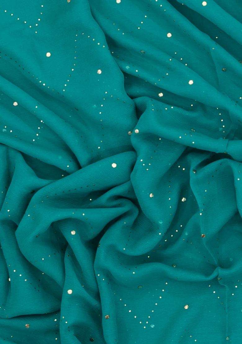 Cyan Woven Mysore Silk Crepe Saree With Stone Work With Embroidered Design For Women - Indya
