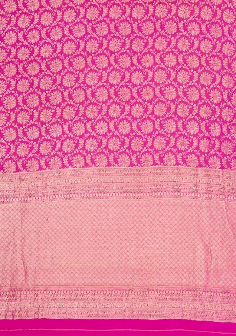 Hot Pink Woven Mysore Silk Crepe Saree With Floral Vine Motifs With Buttas And Brocade Design For Women - Indya