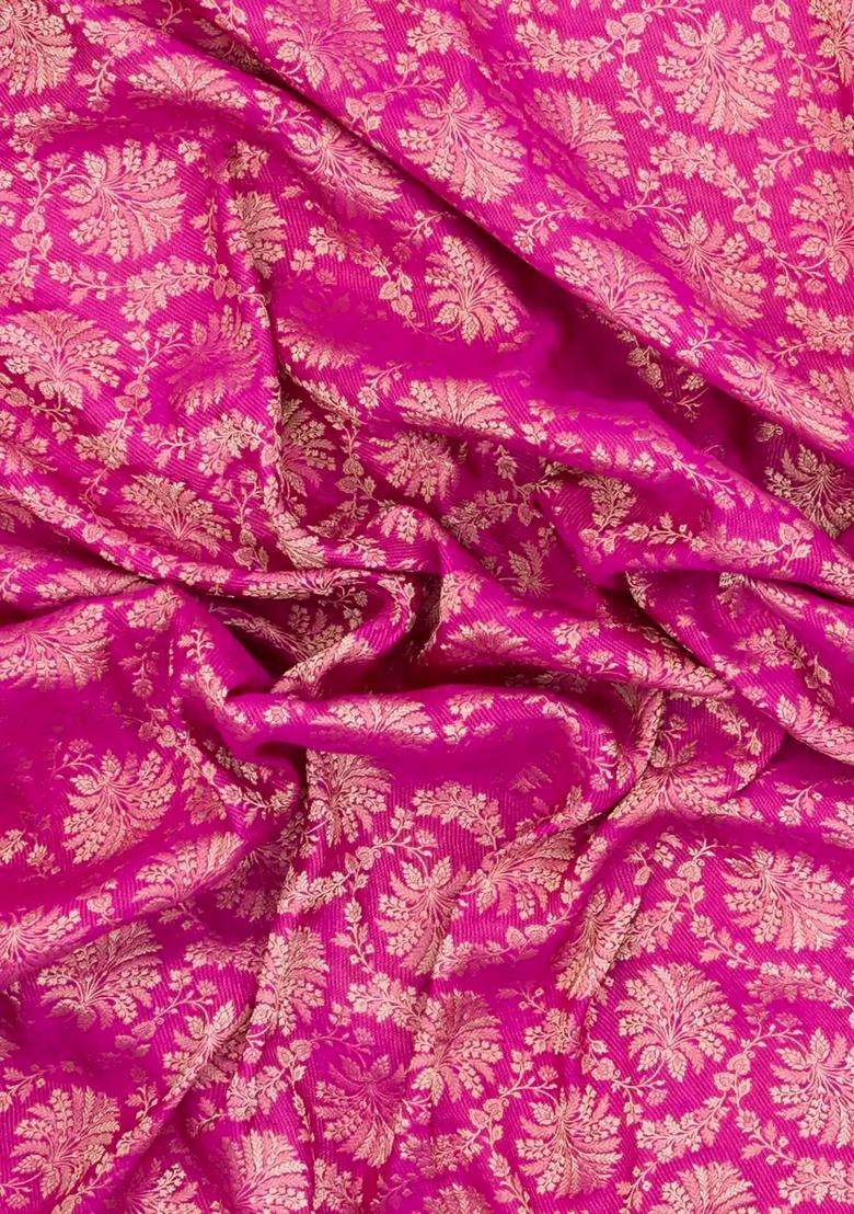 Hot Pink Woven Mysore Silk Crepe Saree With Floral Vine Motifs With Buttas And Brocade Design For Women - Indya